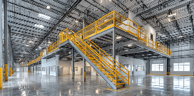 A yellow mezzanine platform utilized in a warehouse facility to establish two levels of office space