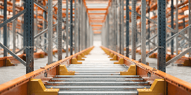 An image looking down the middle of an empty orange and yellow push back pallet rack in a warehouse