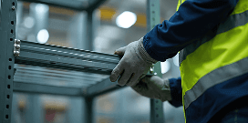 A worker in safety attire assembles a boltless rivet rack shelving unit in a warehouse facility