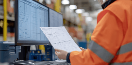Warehouse employee reviewing paperwork beside a computer monitor displaying inventory or logistics data.