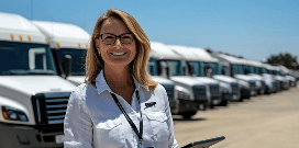 Fleet manager smiling in front of a row of delivery trucks, holding a tablet at a transportation yard.