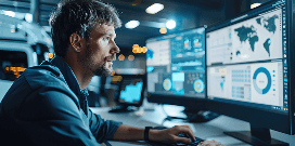 Professional monitoring global data dashboards on multiple screens, analyzing maps, charts, and logistics performance metrics.
