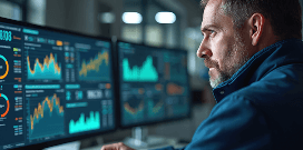 Man analyzing data dashboards on multiple monitors, reviewing charts and performance metrics in a modern office setting.