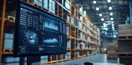 Warehouse monitor displaying inventory and logistics data dashboards, with tall storage racks and palletized goods in the background.