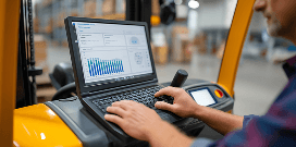 Worker operating a forklift while reviewing inventory data on a mounted laptop inside a warehouse distribution center.
