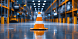 Orange safety cone placed on a warehouse floor, with storage racks and forklifts blurred in the background.