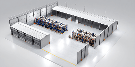 3D layout rendering of a warehouse facility showing storage racks, covered loading areas, and organized operational zones.