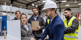 A team of workers watch as one worker in a safety hard hat uses a computer screen in a warehouse facility
