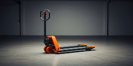 Orange manual pallet jack on a concrete floor inside an empty warehouse space.